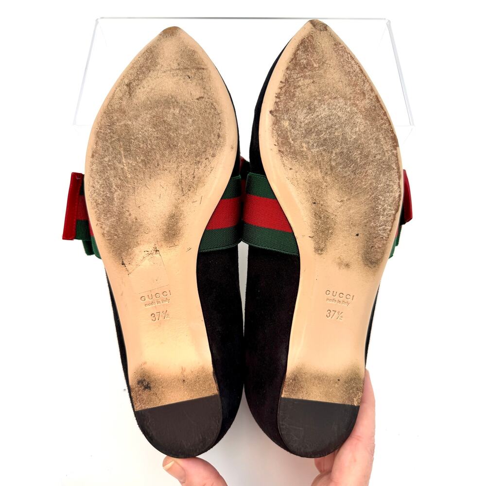 Gucci Web Stripe Sylvie Bow Ballet Flats Black Suede Size 37.5 / 7.5 Red Green - Picture 7 of 14